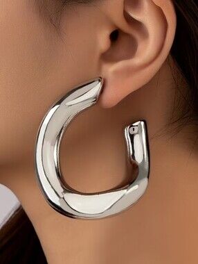 NEW! Silver Plated Abstract Wavy Chunky Large Open Hoop Earrings - Women Jewelry